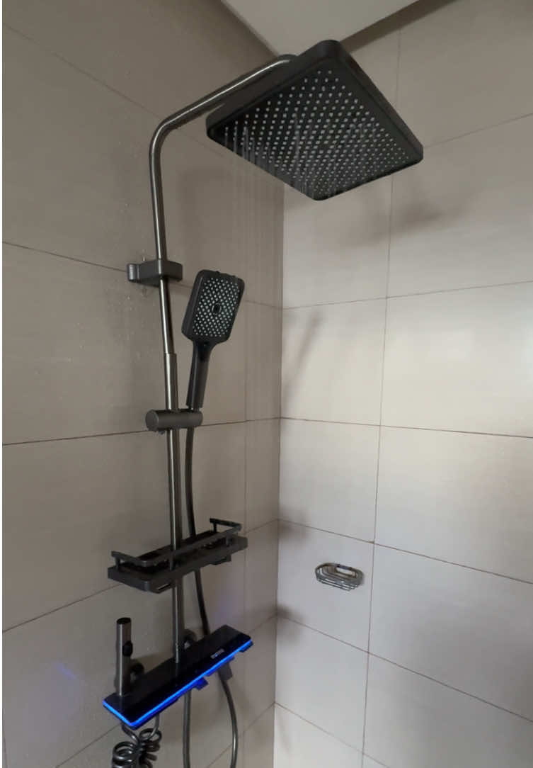 stainless steel LED digital atmosphere light bath shower set bathroom hot & cold thermostatic shower mixer system gray four level button showerhead #shower #ledshower #showerset #stainlessshower #stainless #showerhead #bathroom #bathroommakeover 