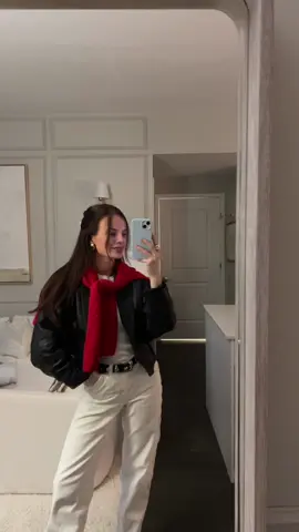 a sweater around the shoulders for any outfit ever >>> #vintageleatherjacket #tecovas #reformationsweater #OOTD #dinnerootd 