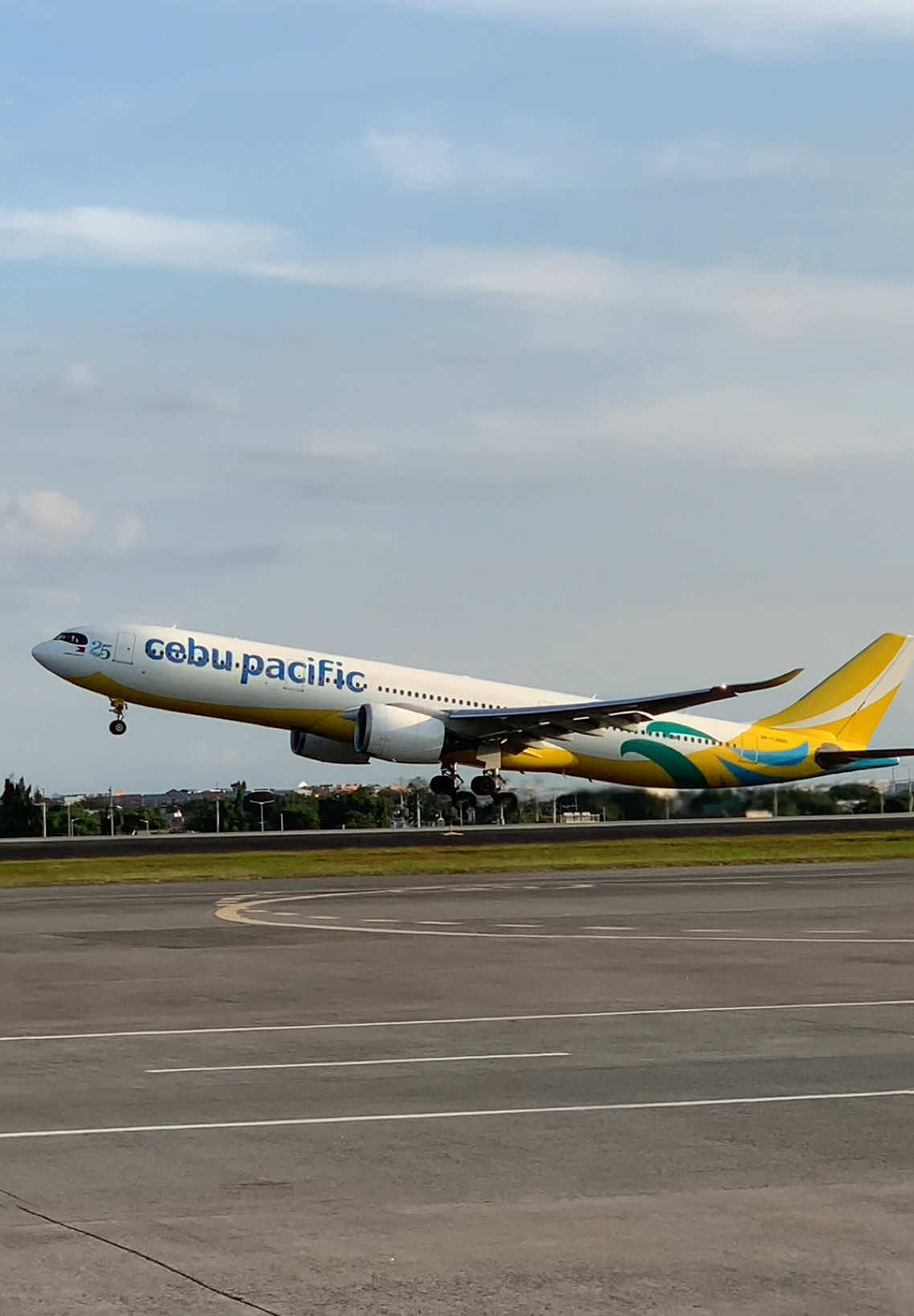 Cebu Pacific 25th Anniversary Sticker Golden Hour Take Off🌅✈️💛 #aviation #aviationdaily #fypage #fyp #a330 #airbusa330 #planespotting #foryou #sunsets #goldenhour 