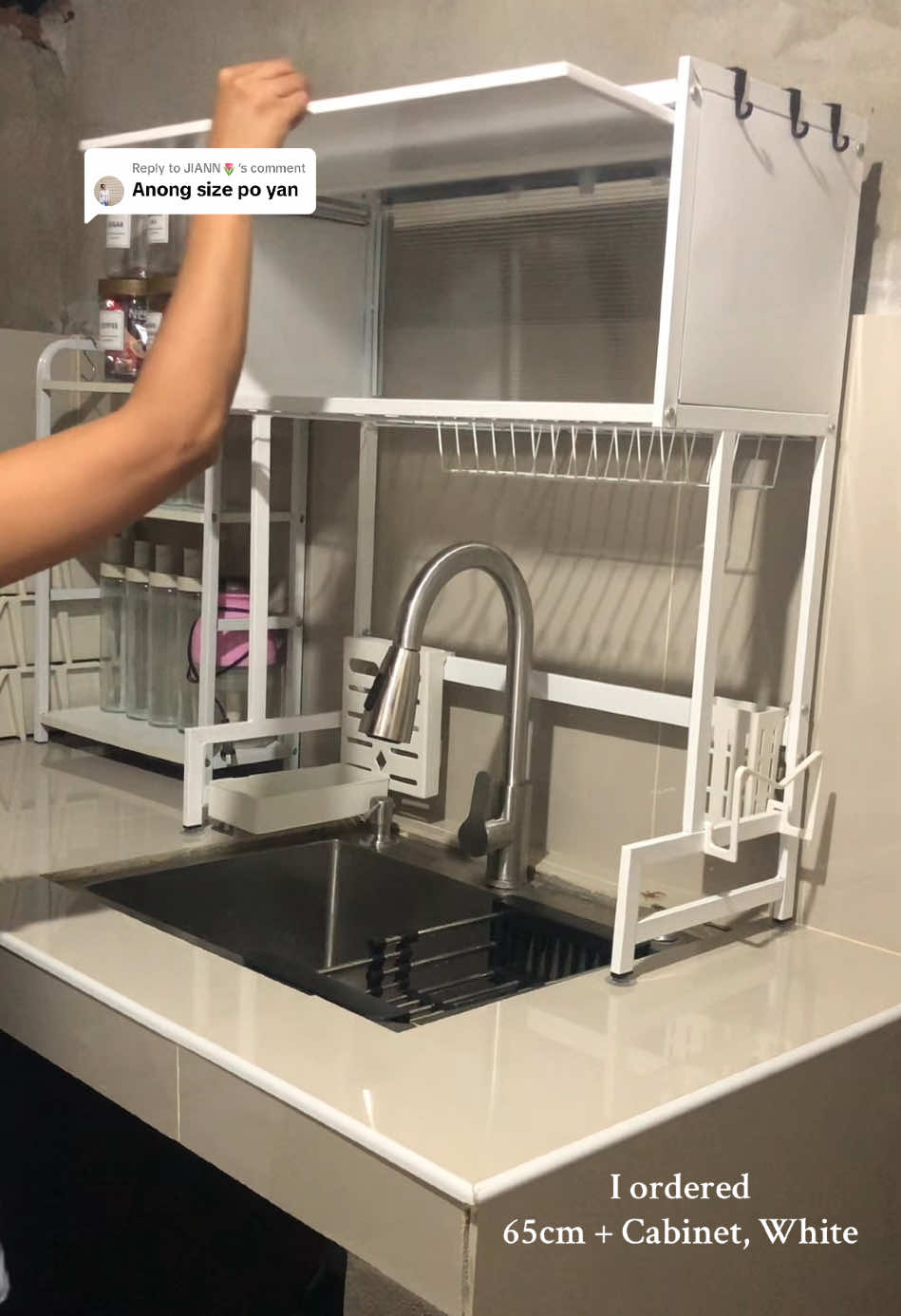 Replying to @JIANN🌷 Size: 65cm+cabinet, color white #dishcabinet #dishrack #dishcabinetorganizer #overthesinkdishrack #kitchenfinds 