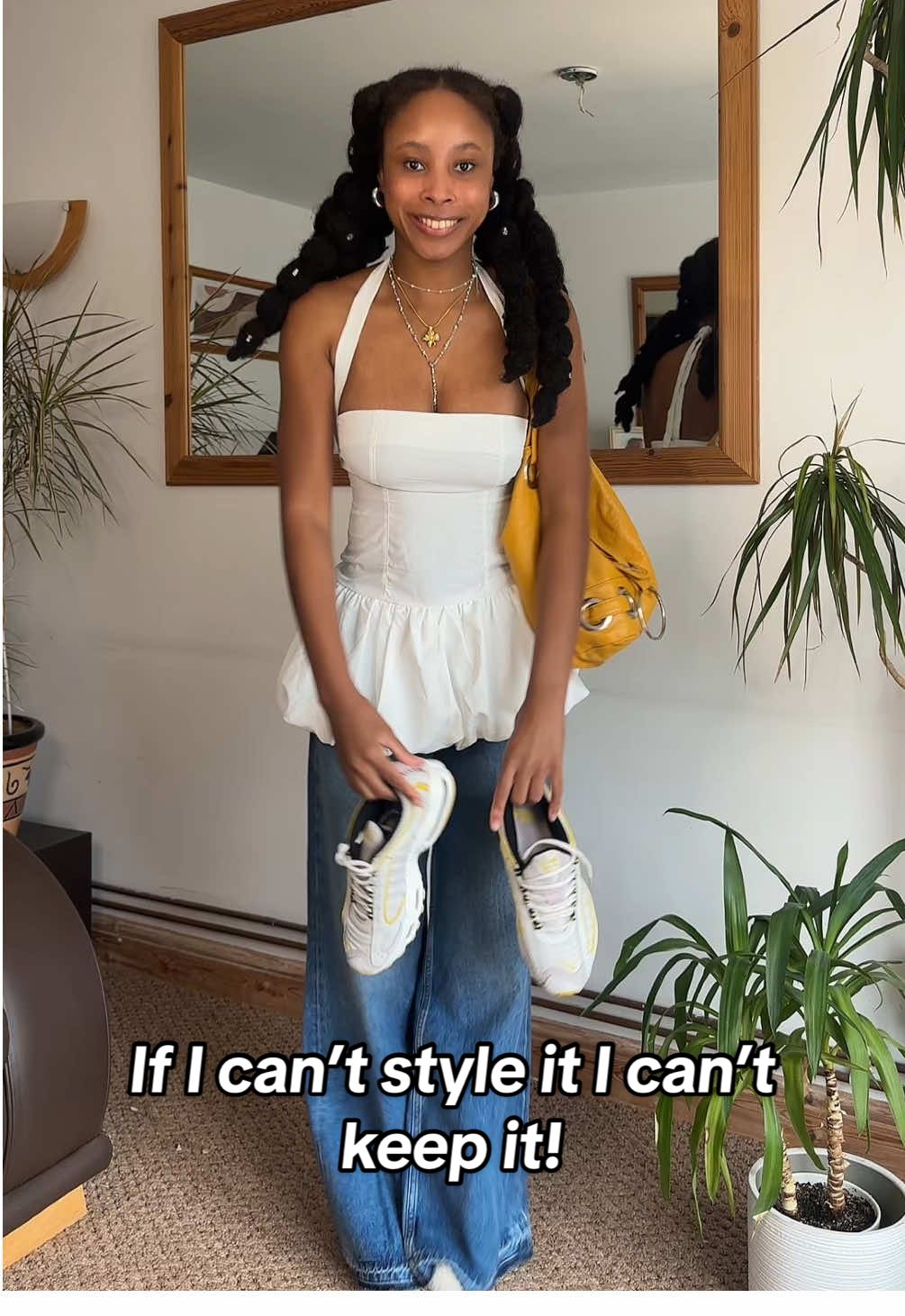 Part 5! Did we style it? 💛  Edit -  Outfit details: 💛 Intro outfit: Top @In Print We Trust  Pants @Edikted  💛 Final outfit:  Jeans @SUPERDRY  Dress @emmiolofficial  1st jacket - @prettylittlething (found in a charity shop for £5!🤭) Bags: @eBay UK @ebay  @Vinted @Depop  Jewellery: @En Route Jewelry Store @EVRY JEWELS and some from a carboot! #fashion #style  #closetclearout #closetcleanout #outfitideas #fyp #ificantstyleiticantkeepit #denimdress