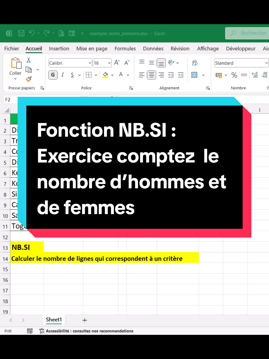 🔢 Besoin d’analyser vos données rapidement ? Découvrez comment utiliser la fonction NB.SI dans Excel pour compter le nombre de femmes et d’hommes en un clin d'œil ! 💻✨ #ExcelTips #NBSI #AnalyseDonnées #AstucesExcel #Productivité #ExcelPro #TrucsPratiques