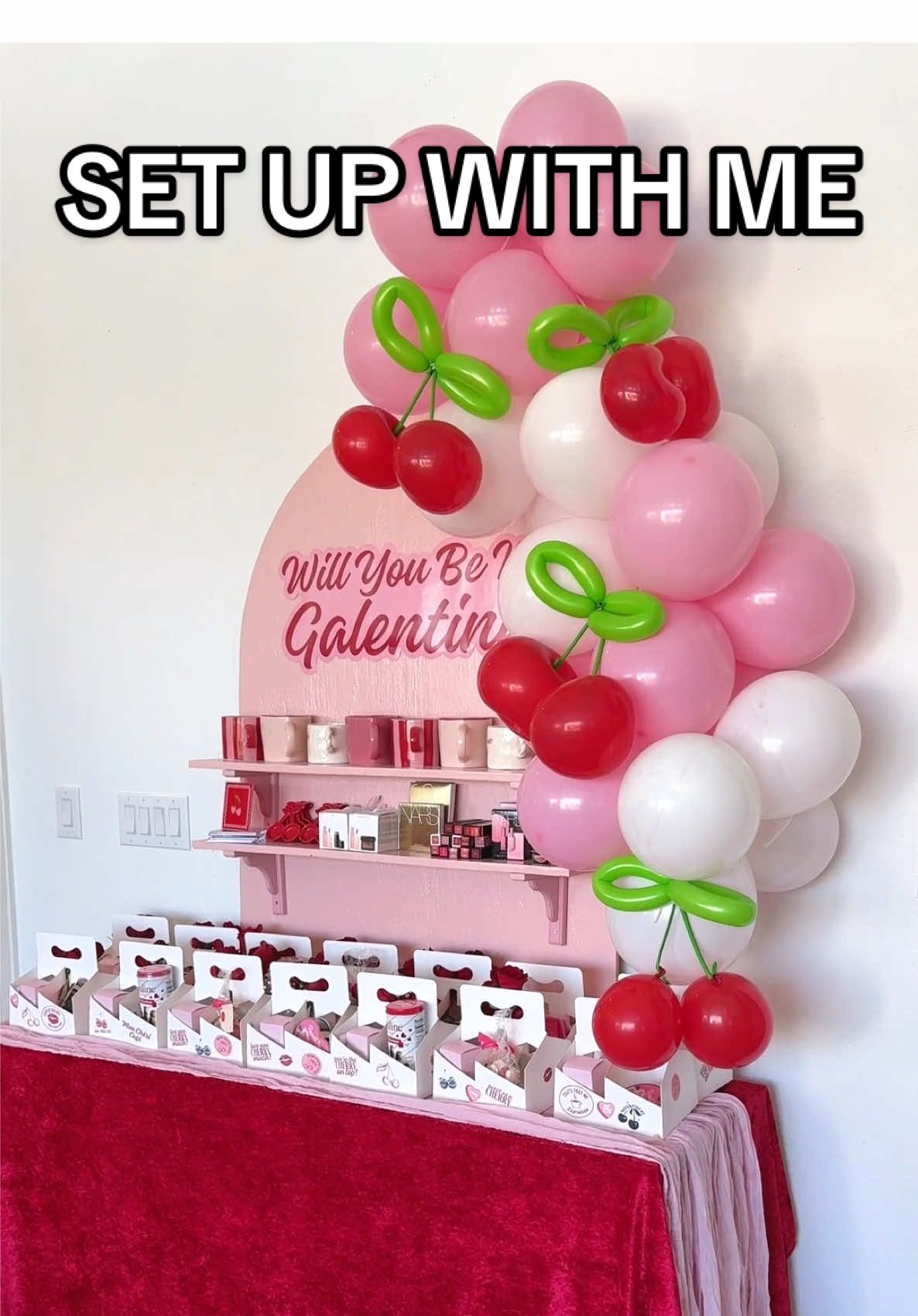 Set up ✨Mon Cheri Cafe✨ with me! ☕️🍒 We definitely ran into some hiccups with this set up (stay tuned for the YouTube vlog 👀) but overall I think it all turned out pretty cute! 💕  Need a full step-by-step breakdown on how to throw themed parties like this? Check out my party planning e-book at the link in my bio! #galentinesday #galentinesparty #valentinesparty #cherryparty #diypartydecor 