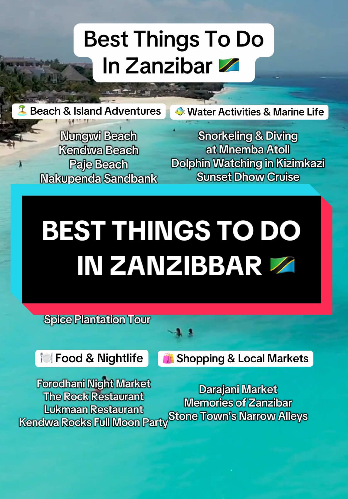 🌴 Best things to do in Zanzibar! Bucket List! 🇹🇿✨ 🌊☀️ 🏝️ Beaches & Islands – Nungwi, Kendwa, Paje, Nakupenda, Mnemba 🏖️ 🐠 Water Adventures – Snorkeling, dolphins, dhow cruise, deep-sea fishing 🐬 🏛️ Culture & History – Stone Town, spice tours, Freddie Mercury Museum 🏰 🌿 Nature & Wildlife – Jozani Forest, Cheetah’s Rock, butterfly center 🐒 🍽️ Food & Nightlife – Forodhani Market, The Rock, Kendwa Full Moon Party 🌕 🛍️ Markets & Shopping – Darajani Market, Stone Town alleys 🎭 📍 Save this for your Zanzibar trip! #zanzibar #bestthings #zanzibartiktok #bucketlist #zanzibardestination #zanzibartravel 