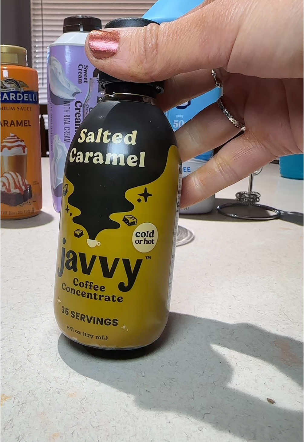 Only 1 tsp needed! Javvy coffee concentrate with so many flavors to choose from! #javvycoffee #coffeeconcentrate #saltedcaramel #caramelcoffee 