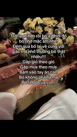 Trời lạnh hơn rồi bố ạ ở nơi đó bố nhớ mặc ấm nhé! Đêm qua bố lại về cùng với giấc mơ nhớ thương bố thật nhiều!!! Gặp gió theo gió Gặp mưa theo mưa Bám vào tay áo con Bố không phải là ma Bố là bố của con! #connhobonhieulam❤️ 