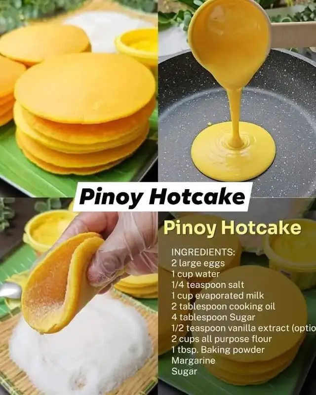 PINOY HOTCAKE RECIPE 🥞 Ganito yung madalas ko bilhin noon after school 😋😋 INGREDIENTS: 2 large eggs 1 cup water 1/4 teaspoon salt 1 cup evaporated milk 2 tablespoon cooking oil 4 tablespoon Sugar 1/2 teaspoon vanilla extract (optional) 2 cups all purpose flour 1 tbsp. Baking powder Margarine Sugar PROCEDURE: 1. Sa isang bowl, pagsamahin ang egg, water, evaporated milk, oil, vanilla extract, salt at sugar. Haluin mabuti hanggang maging well-combined. Set aside. 2. Sa ibang bowl, pagsamahin ang all purpose flour at baking powder. Mix well. Saka ibuhos dito ang wet mixture. Haluin mabuti hanggang sa maging smooth. Maglagay ng food color pero optional lang. After mixing, rest muna ng 30 minutes bago lutuin. 3. Pahiran ang pan ng kaunting oil. Saka maglagay ng mixture at lutuin sa mahinang apoy hanggang sa bumula ang ibabaw. Pag medyo tuyo na ang ibabaw, baliktarin para maluto rin ang kabilang side. Ganito ang gawin sa lahat ng mixture. 4. Serving suggestion: pahiran ng kaunting mantikilya ang hotcake at lagyan ng asukal. Enjoy!