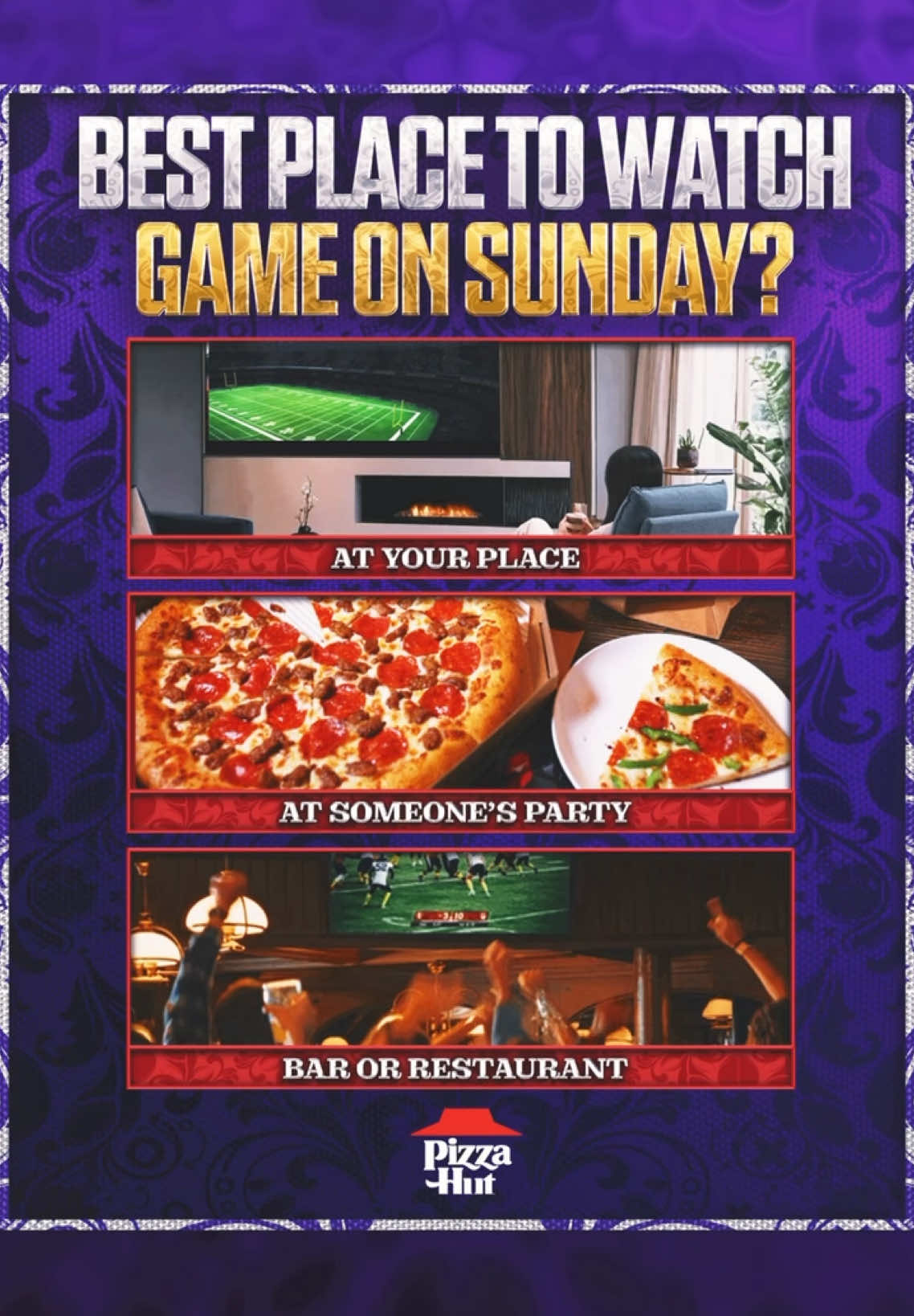 What is the best place to watch the game this Sunday? 🍕  No matter how you watch, @Pizza Hut has you covered #NoOneOutPizzasTheHut