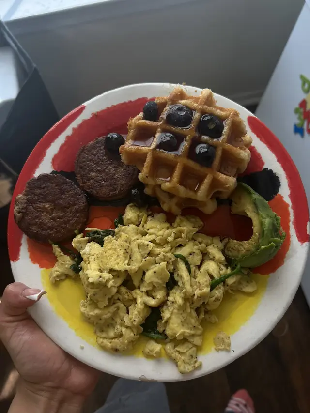 Whole Foods waffles Beyond meatless sausage  Eggs with sautéed spinach  AVOCADO.  #healthyliving 