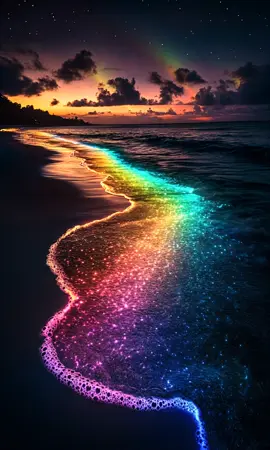 glowing rainbow ocean  #wallpaper #midjourneyart #aiart #breathtakingviews #fyp #ocean #sunsets 