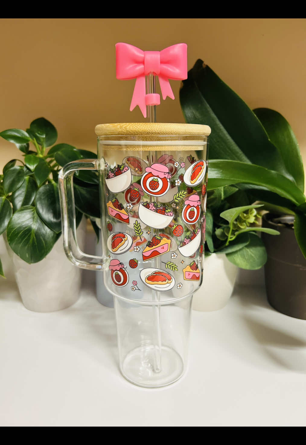 Strawberry beauty. 🍓 Now available in my Etsy shop.❤️ #CapCut #newitems #cutecups #coffeecups #icedcoffeecup #coffeetumbler #glasstumbler #cottagecore #strawberry #fairycore #strawberryshortcake #strawtoppers #coffeelovers #icedcoffeelover