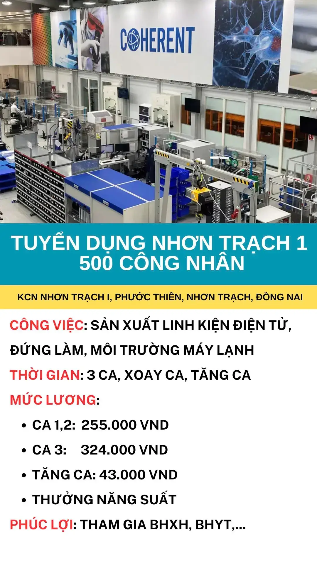 Công ty Coherent Kcn Nhơn Trạch 1, Đồng Nai cần tuyển 100 công nhân sản xuất #vieclamdongnai #vieclamnhontrach #congnhandongnai #timviecnhontrach #congtycoherent #coherent #nhontrach #dongnai 