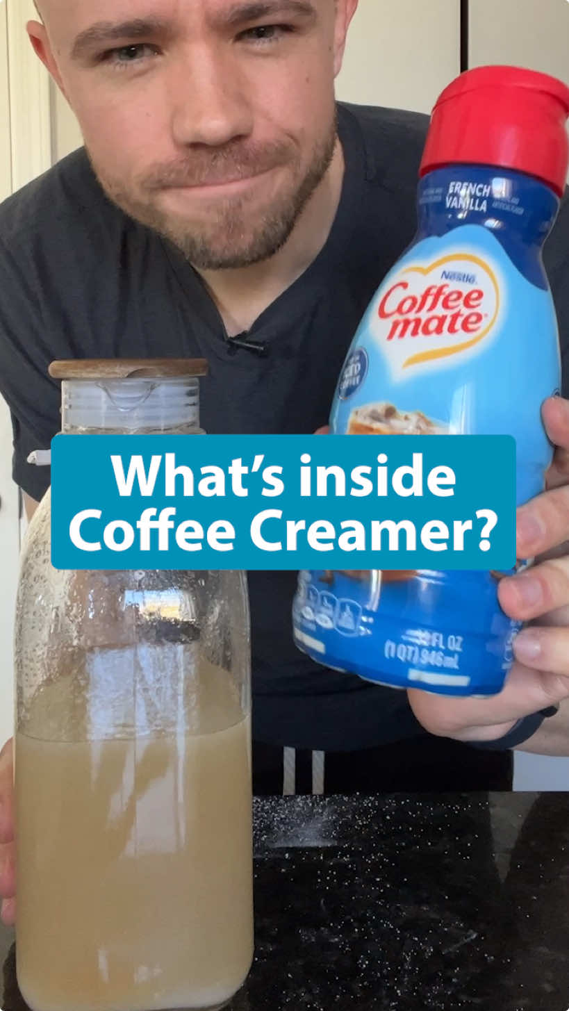 HOW much sugar??  👀  Do you know what’s REALLY in Coffee Mate French Vanilla Creamer? 🚨 The #1 selling coffee creamer in the U.S. is mostly… Water, Sugar (315g per bottle!), and Canola/Soybean Oil 😳 The rest? A mix of additives, thickeners, and “flavors” (aka undisclosed chemicals). Oh, and despite the name, there’s no actual milk—just a milk derivative (micellar casein). Technically non-dairy, cholesterol-free, and gluten-free… but calling this creamer is just clever marketing. If we’re being real, it’s Sugary-Oil-Water with added preservatives and essence of milk. But that doesn’t look as good on the label, does it? 👀 Would you still pour this in your coffee? ☕  #coffeecreamer #foodfacts #knowwhatyoudrink 