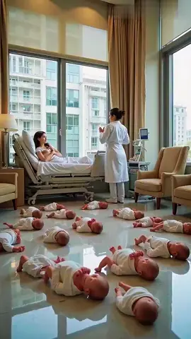 #mom 50 kids #baby #hospital #nurse  In a luxury room of a hospital, a woman has given birth to 50 babies and the babies are being nursed and some of the babies are lying on the floor and crying. 