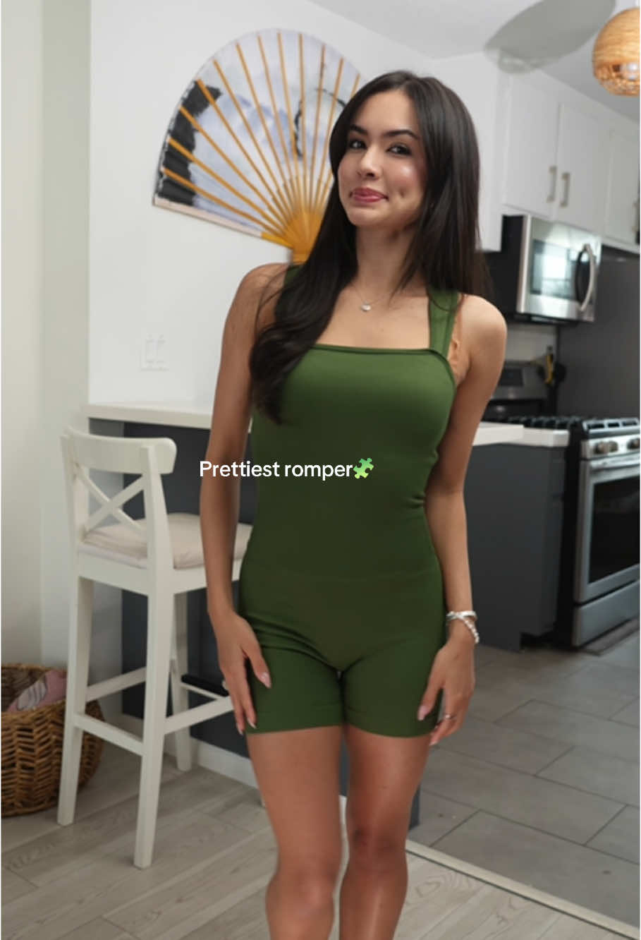 Prettiest romper, prettiest color💚 #oqqfitness #romper #bodycon #fyp #shopvideocarnival #spring #armygreen #colorful #tryon #tank 