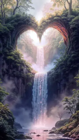 The Heart-Shaped Waterfall of Love 💧❤️.                         A stunning heart-shaped waterfall cascades through the forest, casting sparkling love all around. 🌊💖 Step into a world where love flows like water. #HeartWaterfall #WaterfallLove #MagicalWaterfall #RomanticScenes #NatureLovers #EnchantingNature #LoveFlow #MagicalWater #RomanticDreams #FairyTale #WhimsicalWorld #NatureMagic #RomanticEscape #NatureInLove
