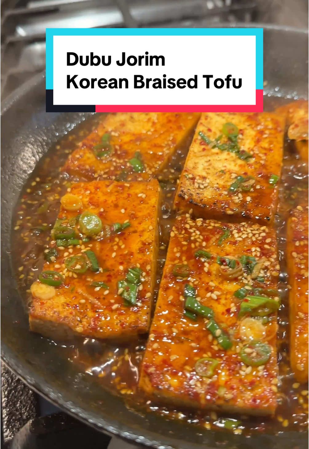POV: you’re hungry and there’s only a box of tofu in the fridge  Dubu Jorim aka Korean Braised Tofu -1 box firm tofu -2 tbsp soy sauce -1 tbsp rice vinegar (regular white vinegar works too) -1/2 Tbsp sugar -1/2 Tbsp sesame seeds -1 Tbsp sesame oil -1/2 Tbsp Gochukaru (more if you like it spicy) -1 garlic clove, minced -1 green onion, minced *drain and slice tofu into 6 thick slices *cook in non stick pan on both sides until golden brown (about 3-4 min per side) *mix together sauce ingredients + 1/4 cup water *add to the tofu and cook until thick and reduced, another 2-3 min *serve with rice and enjoy! #koreanfood #dubu #tofu #EasyRecipe #braisedtofu 