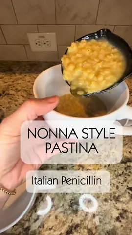 **Pastina (Italian Penicillin)**   *Makes 2-3 servings* **Ingredients**   - 2 cups broth   - 1 cup pastina (star-shaped pasta)   - 1 bay leaf   - 2 tablespoons butter   - 1 egg (optional)   - A little extra warm broth to temper the egg (if using)   - Salt, to taste   - Pepper, to taste   - Fresh Parmesan cheese, for serving   **Instructions**   1. In a pot, simmer the broth, bay leaf, and pastina together for 9 minutes.   2. While the pasta is cooking, temper the egg by gradually adding a small amount of warm broth to it.   3. Once the pasta is cooked, remove the pot from heat and stir in the cold butter until it melts.   4. If using, slowly stir in the tempered egg, mixing well to incorporate.   5. Adjust the seasoning with salt and pepper to taste.   6. Serve with freshly grated Parmesan cheese on top. Enjoy! #chefjeni #jenisfamilykitchen2 #comecookwithme #recipesoftiktok #Recipe #nonna #pastina #EasyRecipe #fluseason #fluremedy #italianpenicillin 
