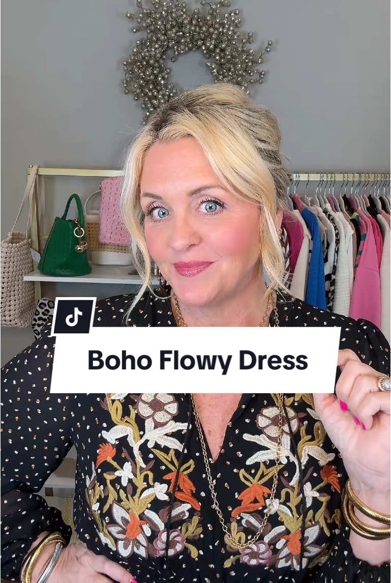 My Boho Flowy Embroidered Dress! #boho #bohemian #bohodress #dresses #bohochic #over40 #fashion #longdress #maxidress #fashiontiktok 