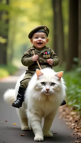 Cute Baby wearing army Uniform riding on a cat. #cutebaby #cute #baby #cat #funtubetv #tranding #umfreezmyacount 