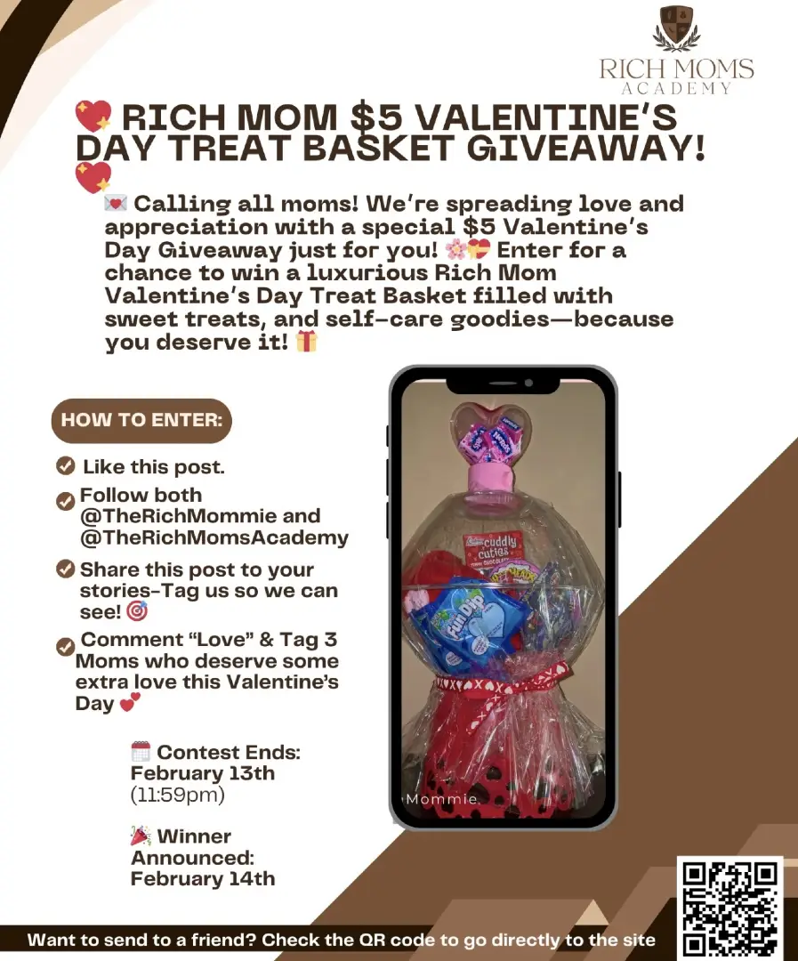 LAST DAY to enter the RICH MOM $5 VALENTINE’S DAY TREAT BASKET GIVEAWAY! 💝✨ Calling all moms! Don’t miss your chance to win a luxurious Rich Mom Valentine’s Day Treat Basket filled with self-care goodies! 🛁🌸 HOW TO ENTER: 1. Like this post. 2. Follow @TheRichMommie & @TheRichMomsAcademy. 3. Share to your stories & tag us. 4. Comment “Love” & tag 3 moms! Ends Tonight at 11:59pm! 📢 Comment “VALENTINES” below! ⬇️