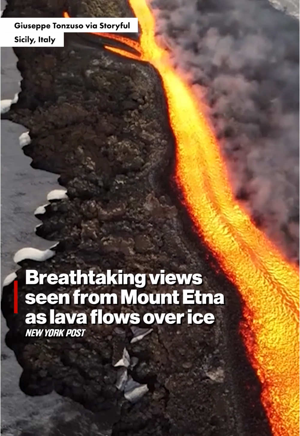 Lava poured down the sides of a snow-whitened Mount Etna in its latest eruption, creating a stunning landscape as fire and ice contrasted.