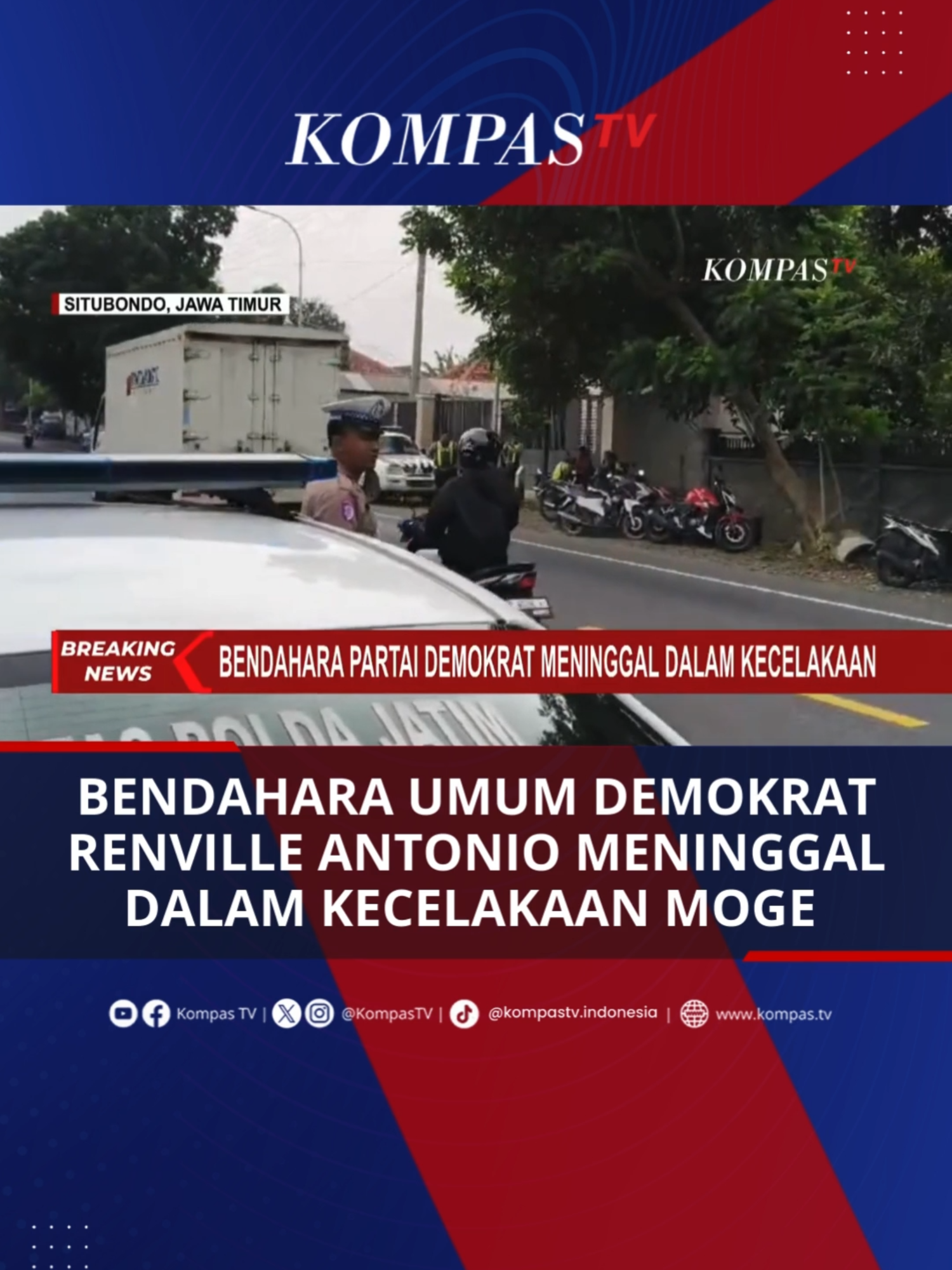 Kecelakaan lalu lintas terjadi di Situbondo, Jawa Timur pada Jumat (14/02) siang. Kecelakaan maut ini menyebabkan bendahara umum partai Demokrat, Renville Antonio, yang sedang mengendarai motor gede (moge) miliknya, meninggal dunia. #TikTokBerita