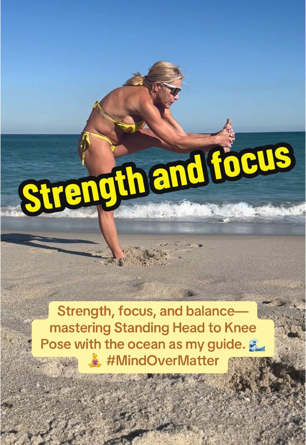 Can you master this pose on the sand? One main benefit of yoga on the beach is that it enhances mindfulness and relaxation by combining movement with the calming sounds of the ocean, fresh air, and natural surroundings, helping to reduce stress and improve overall well-being. #StandingHeadToKnee #BeachYoga #OceanFlow #BalanceAndStrength #MindfulMovement #YogaByTheSea #FocusAndBreathe #SeasideSerenity #YogaChallenge #WellnessJourney #wellnesswarrior 