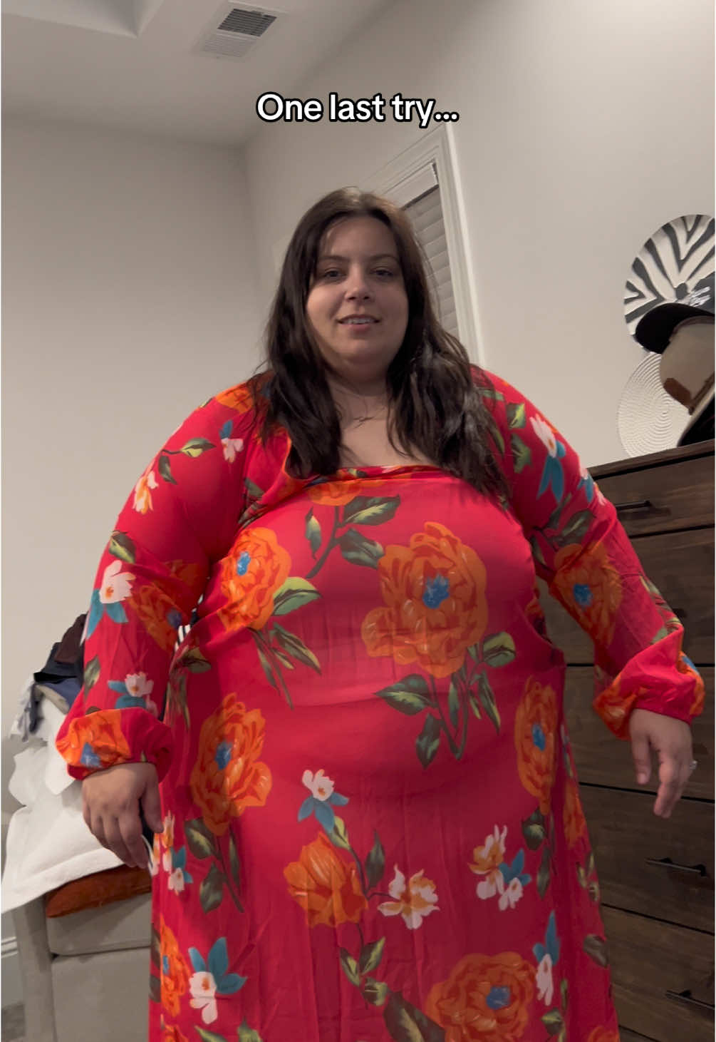 I remember taking that first video. I was absolutely devastated when I ordered a 5XL dress and it didn’t even come close to fitting. But in true “fat funny friend” energy, I made a lighthearted video about it to laugh it off.  I am so glad I gave weightloss one last try. -82 lbs down and it’s only the beginning 🥹 #weightloss #fyp #transformation #trending #beforeandafter #onelasttry 