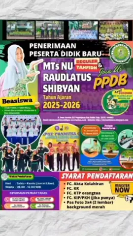 Ayo gabung bersama kami di MTs RAUDLATUS SHIBYAN kudus, sekolah unggul dengan berbagai program pilihan yang siap mengembangkan potensi terbaikmu! Jangan lewatkan kesempatan emas ini! Daftarkan diri anda sekarang juga bagian dari keluarga besar MTs NU RAUDLATUS SHIBYAN Kudus!! JL. Dewi Sartika 252 Peganjaran Bae Kadus Telp. (0291) 444681 Website: http://mtsrashibnews.blogspot.com • Gelombang 1: 11 Januari s/d 31 Maret 2025. • Gelombang 2: 05 April s/d 30 Juni 2025. INFORMASI PENDAFTARAN:  •085607661917 (Bu Elok Nihayah) •085327727717 (Bu Noor Jannah) •089501605737 (Bu Nikhla) •085727679878 (Bu Rochmah) SYARAT PENDAFTARAN: • FC. Akta Kelahiran • FC. KK • FC. KTP orangtua • FC. KIP/PKH (jika punya) • Pas Foto 3x4 (2 lembar) background merah #mtsnurashib #mtsnuraudlatusshibyan #mtsnurs #madrasahhebatbermartabat  #pendidikanantikorupsi  #pendaftaransiswabaru #pendaftaranmtsnurashib #ppdbmtsnurashib #ppdb