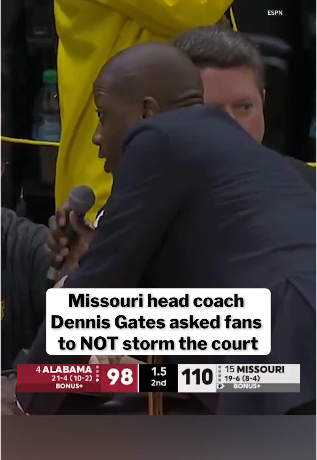 Missouri head coach Dennis Gates asked fans not to storm the court after defeating No. 4 Alabama.