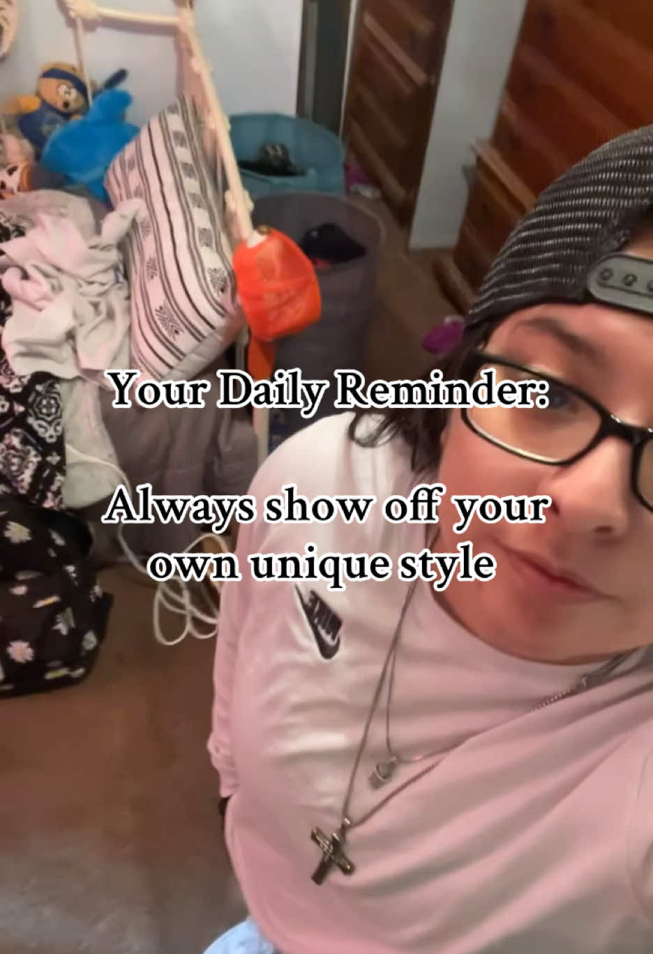 Always be yourself🥰 #fashiontiktok #viral #like #foryou #dailyreminder #fyp #comment #style #nike #tomboystyle #beyourself #airforces1 #cross #chains #jewelry #hatbackwards #microinfluencer @Nike 