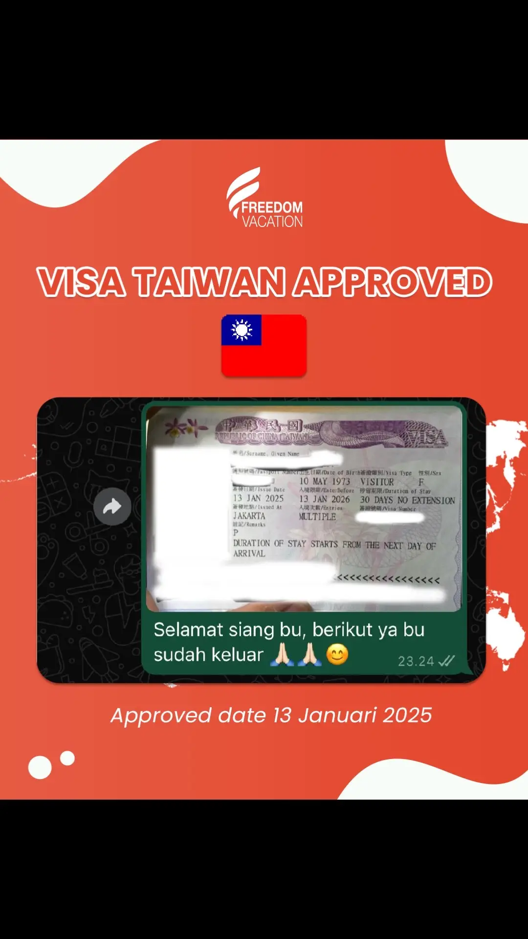 ✨ Visa Taiwan Approved! ✨ Yuk, yang mau liburan atau urusan bisnis ke Taiwan, nggak perlu ribet urus visa sendiri! 💼✈️ Buktinya? Nih, salah satu visa yang berhasil kami proses dengan mulus! ✅ Dengan Freedom Vacation, proses cepat, aman, dan pastinya terpercaya. 💡 Siap jalan-jalan? Langsung aja hubungi kami dan wujudkan perjalanan impianmu sekarang juga! 🌏🔥 📲 Hubungi kami di +62 811-8504-999 atau kunjungi www.Freedomvacation.my.id untuk informasi lebih lanjut. #FreedomVacation #VisaTaiwan #TravelMadeEasy #VisaApproved #LiburanTanpaRibet