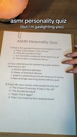 Another ASMR personality quiz 🤓 Let me know your answers 👀 #asmr #sensorysieasmr #fyp #fypage #personalitytest #asmrquiz #asmrsounds #asmrvideo 
