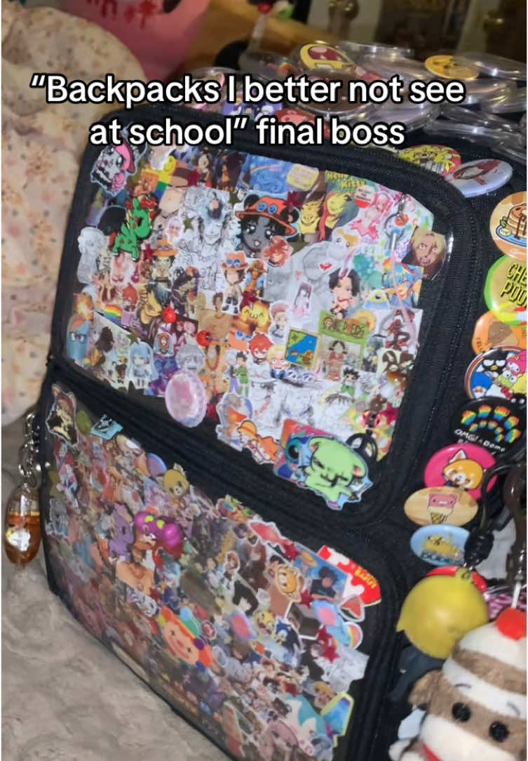 Totally can fit more pins on there .. maybe one more ..  __________________________ #pins #fandom #genshin #onepiece #miku #hxh #gloomybear #aggrestsuko #hellokitty #tokidoki #fnaf #securitybreach #sockmonkey #keychain #badge #backpack #backpacksibetternotsee #maximalism #maximalist #steamedbun #steamedbunitabag #steamedbunbag #itabag #stickers #prints #decoration #decor #scene #punk #silly #creative #creativity #sanrio #hamtaro #monsterenergy #domo #southpark #justaddinghashtags #epic #supersonico #awesomesauce #sonic #shadow #roblox #epic #epicface #aceonepiece #portgasdace #sanji #GenshinImpact #mizuki #zoro #perona #artist #colors #killua #notenoughtags #fyp #viral #foryoupage #weird #weirdkid #nerd #obsessed :3
