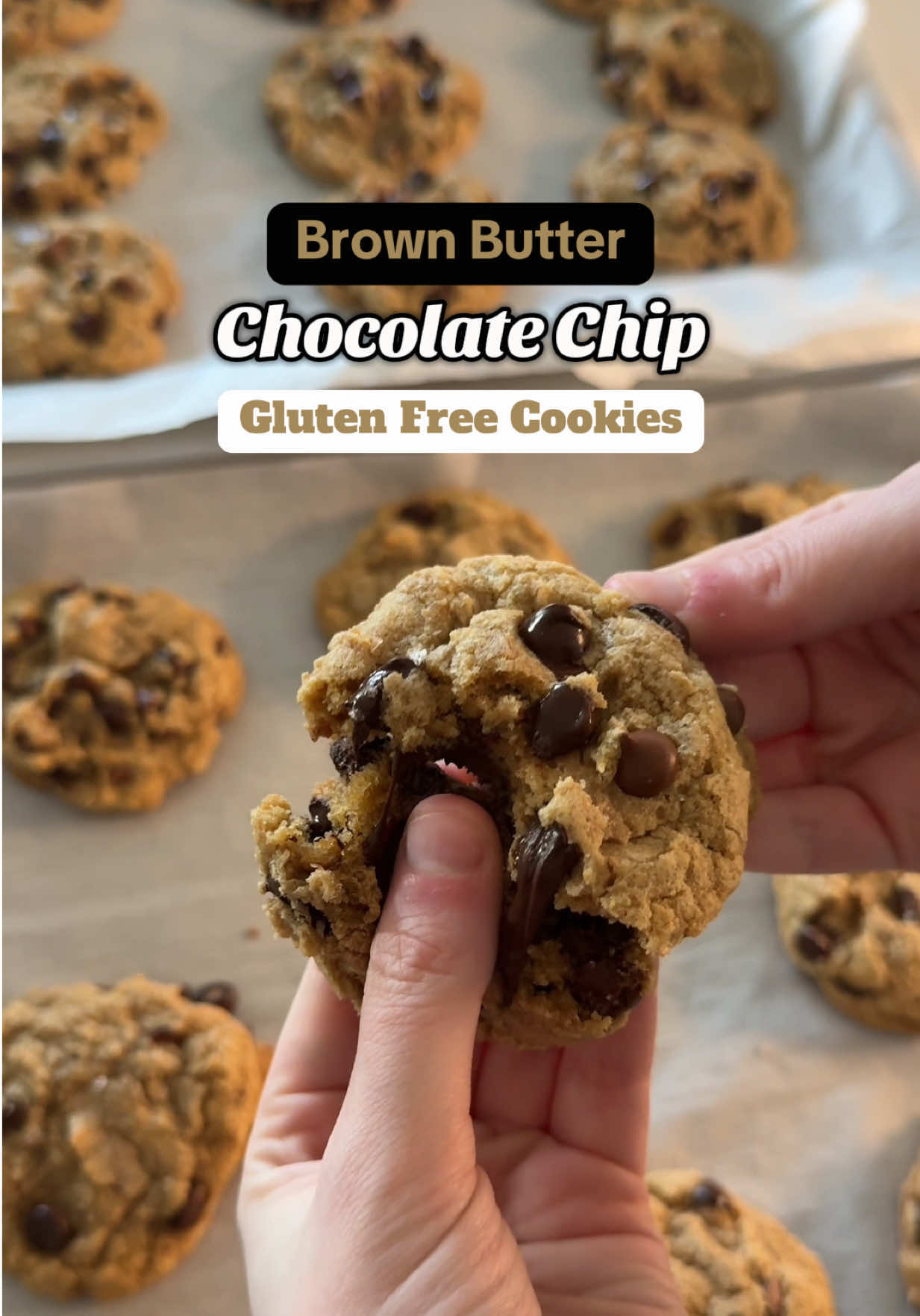 These brown butter gluten free chocolate chip cookies will definitely change your mind about gluten free desserts 🤩 Directions:  - Add 3/4 a cup of butter to a sauce pan and cook on low heat until the butter has browned. - Let the butter cool for about 20 minutes and then add 1 cup of brown sugar and 1/4 cup of white sugar to the butter and mix until combined. - Once combined, add 1 egg, 1 egg yolk, and 1 tbsp of vanilla. Mix until combined. -Once combined, add 1 and 3/4 cup of flour plus 3/4 tsp of baking soda to the mixture. -Whisk until dough forms and then fold in 2 cups of chocolate chips. - Form the dough into small cookie dough balls and place on baking sheet. - Place in fridge for 30 minutes - Bake at 350 degrees Fahrenheit for 12 minutes - Top with flaky sea salt #glutenfreecookies #glutenfreebaking #glutenfree #chocolatechipcookies #chocolatechipcookierecipe #glutenfreefood #glutenfreedessert #bakingfromscratch #homemadecookies #HomemadeDesserts 