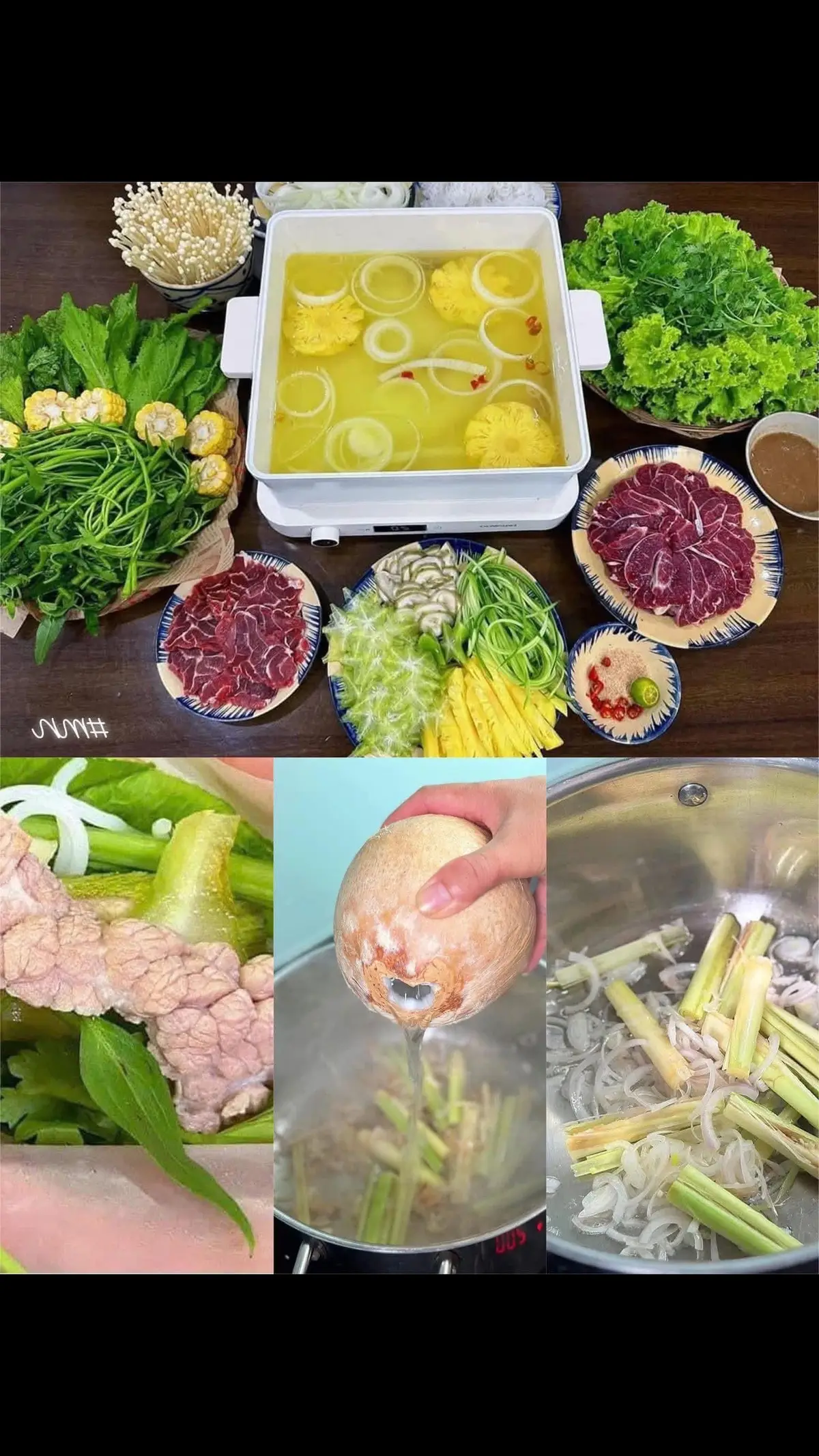 Công thức BÒ NHÚNG DẤM ngon bất bại mà quán lẩu không muốn bạn biết!  Cách làm: ☘️Phần nước dùng: _ 1/2 quả dứa _ 1 củ hành tây _ 60-100ml giấm (tùy khẩu vị) _ 1 quả dừa _ 2 củ sả đập dập _ 2 củ hành khô _ Nước, gia vị Bắc nồi lên bếp cùng 2 muỗng canh dầu ăn với lửa vừa. Khi dầu nóng, cho hành khô và sả vào phi thơm. Thêm nước dừa, giấm, và nước lọc vào, tổng lượng khoảng 1,5 lít nước. (Nước dùng sẽ ngon hơn nếu có đủ nước dừa mà không thêm nước lọc). Thêm hành tây, dứa thái miếng vào đun sôi. Khi nước sôi, nêm nếm gia vị vừa ăn, hạ lửa nhỏ, tiếp tục đun thêm khoảng 15 phút. ☘️ Phần nước chấm: _ 1 củ tỏi _ 1 củ hành khô _ 1/4 quả dứa _ 5 thìa canh mắm nêm _ 5 thìa canh nước lọc _ 1 thìa canh đường _ 1/2 thìa cà phê tiêu _ Ớt (nếu muốn) Dứa băm nhỏ hoặc xay nhuyễn. Cho dầu ăn vào nồi, đun nóng, sau đó cho hành khô và tỏi băm nhỏ vào phi thơm. Thêm dứa xay, mắm nêm, nước lọc, đường, tiêu vào đảo đều, đun sôi khoảng 2 phút rồi tắt bếp. ☘️ Đồ ăn kèm: _ Thịt bò: bắp/ nạm.. _ Rau muống, rau cải, rau sống, chuối, khế (tùy sở thích) _ Bánh tráng _ Bún 🍍 Thành phẩm: Từng miếng bò dai mềm nhúng với nước dùng thanh thanh, chua ngọt dịu nhẹ. Lẩu bò nhúng dấm có thể ăn cùng bún tươi hoặc cuốn với bánh tráng và rau sống, chấm kèm mắm nêm để món ăn thêm tròn vị. Chúc bạn thành công🤭😋 NST