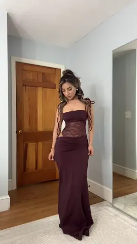 the prettiest maxi dress from @White Fox Boutique use code SOFIAV 🤎 Dress is linked in my bio under my White Fox Wishlist! #whitefoxpartner #whitefoxboutique #maxidress #complimentme #springdress #prom #weddingguest #fashion #formal #burgundydress #lacedress 
