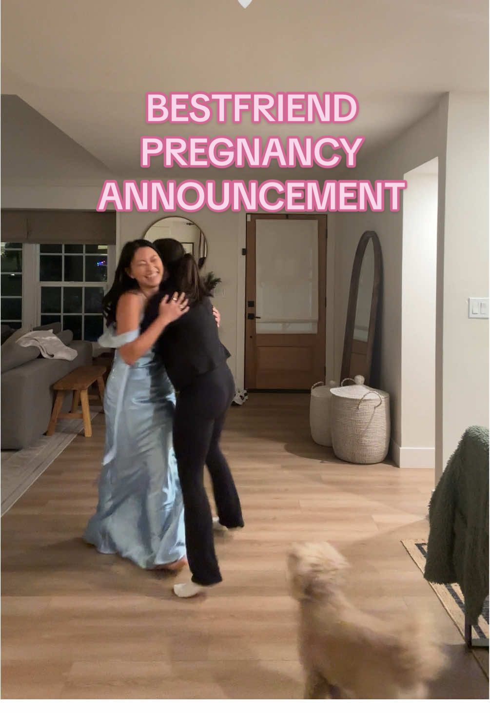 I couldnt keep the secret any longer (made it 4 days total). I asked my bffs to come over so I could try on the bridesmaids dress i got for our bestfriends wedding we’re in 🩵 safe to say Nae was in pure shock 😂🤍 Also saw @nitsanraiter do this and knew I had to do it  #pregnancyannouncement #pregnanttiktok #ttc @hulagurll  Dress: @PEPPERMAYO 