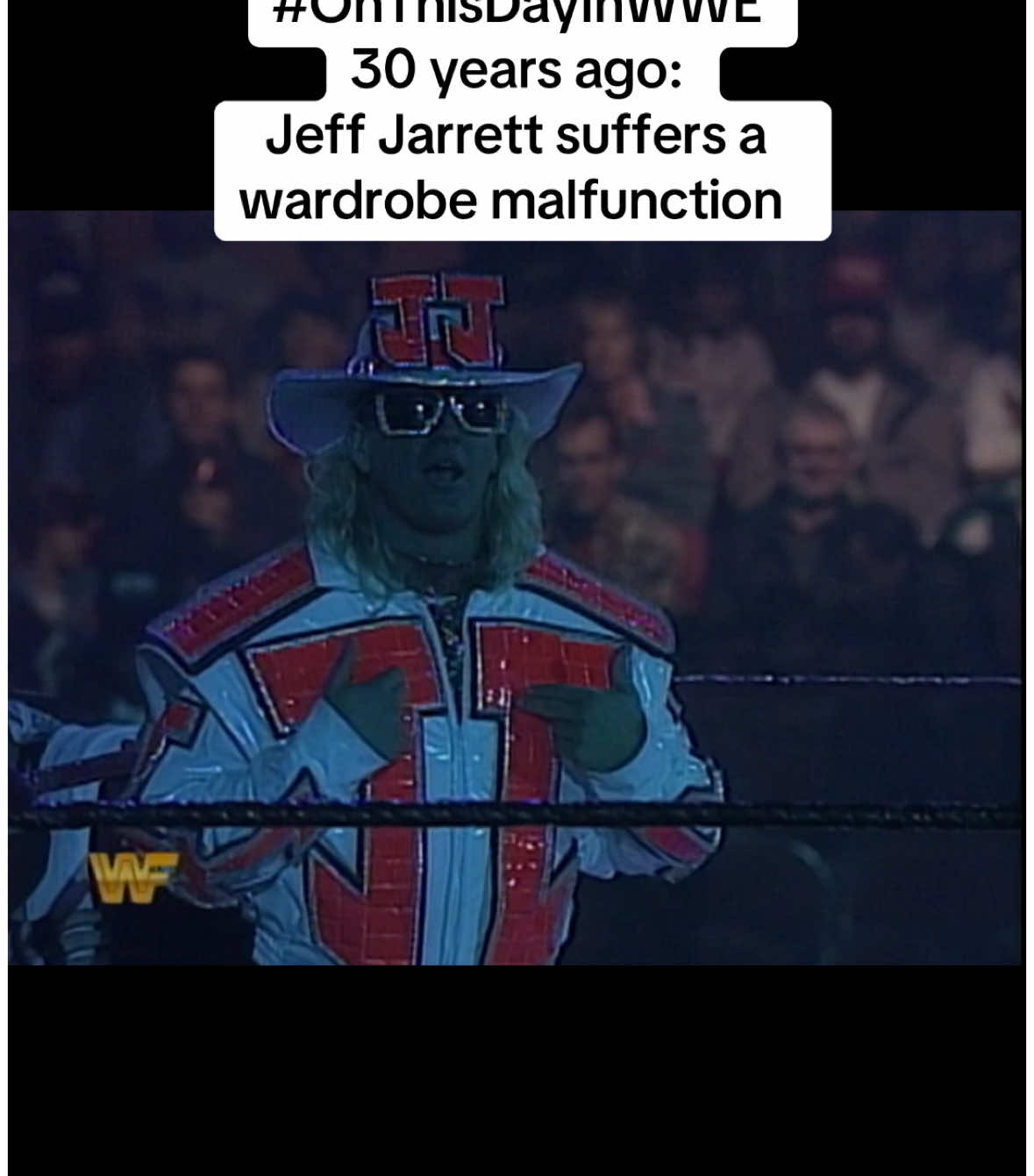 Look at Jarrett’s jacket upgrade!  However, Double J - or Single J, here - suffers a wardrobe malfunction as one of his Js doesn't light up But Ain’t He (Still) Great! #onthisdayinwwe 