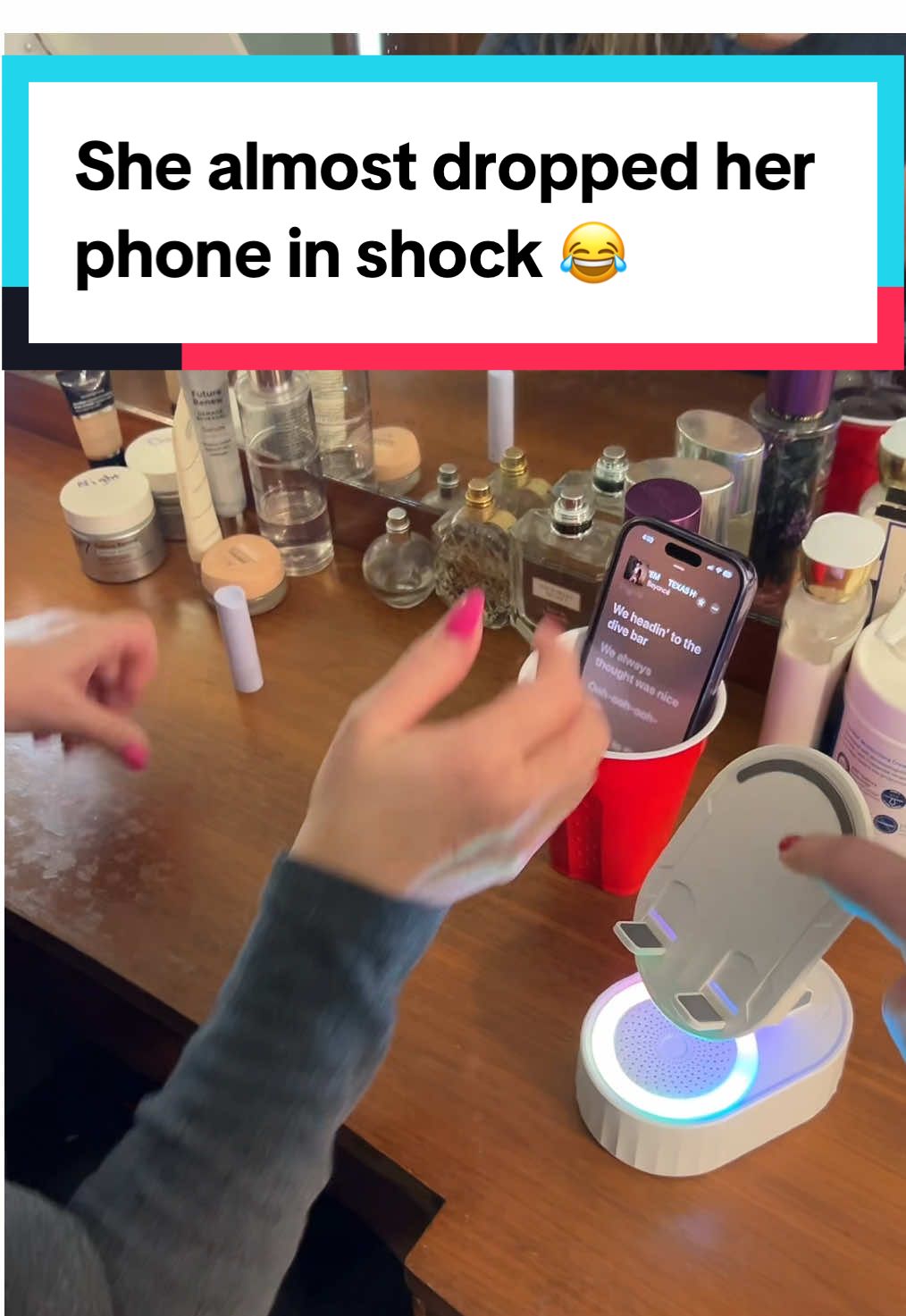 Not her still using that old cup 🤣 #ttshop #TikTokShop #speakers #induction #inductionspeaker #wirelessspeaker #bluetoothspeaker #wireless #powerbank #5in1 #bluetoothspeakers 