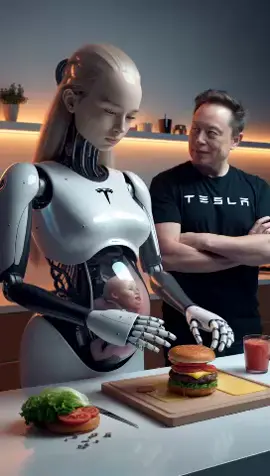 Robot wife made Hamburger! Join me let’s eat Hamburger with Elon musk #elonmusk #tesla #hamburger #bun #cookwithme #aigenerated  Disclaimer: This content was generated using artificial intelligence (AI) tools. 