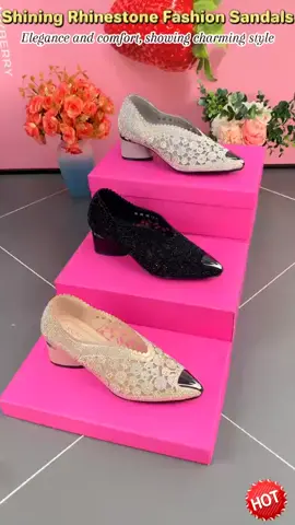 👡Slippers made of mesh with crystals and chunky heel