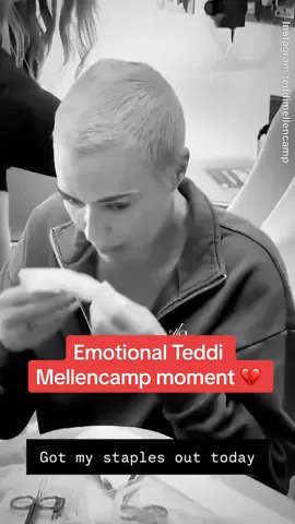 Teddi Mellencamp shared the emotional moment a nurse took her surgical staples out, two weeks after her brain tumor surgery 💔 The former Real Housewives of Beverly Hills alum, 43, posted a black and white video to her Instagram Stories on Wednesday, hours after revealing a devastating new health update with fans, where she disclosed that doctors have found more tumors on her brain.  The video showed the reality TV star tearing up as her final staple was removed from the back of her head.  The mom-of-three, who had to shave her long blonde hair to a buzzcut for the surgery, held a disposable emesis bag in case of potential nausea.  'Got my staples out today,' the caption on the video read.  Read more on DailyMail.com 