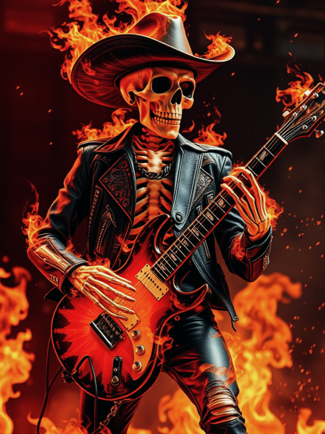 🔥 Il chitarrista dell'inferno è pronto a incendiare il palco! 🤘💀 Un mix epico tra rock, fuoco e AI Art. L’intelligenza artificiale continua a ridefinire i confini della creatività! Che ne pensi di questa visione infuocata? #AI #AIart #Rockstar #SkeletonVibes #FlamingGuitar #Cyberpunk #DarkArt #LiveWallpaper #Aesthetic #FuturisticArt