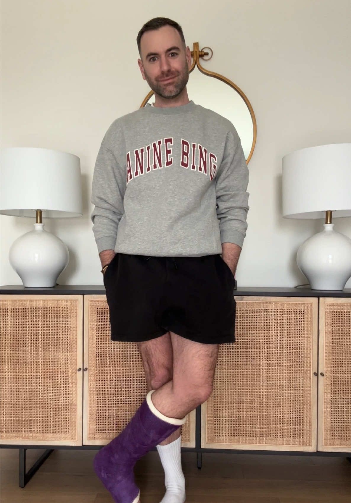 What I’m wearing with the purple foot cast. #styleideas #outfitinspo #cast #brokenfoot #mensstyle #style #injured #casualoutfits 