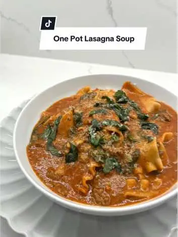 All the cozy flavours of lasagna in an easy, one-pot soup!!  Ingredients: ▪️ 1 onion, chopped ▪️ 3 cloves garlic, minced ▪️ 2 tbsp olive oil ▪️ 2 lb ground beef ▪️ 2 tbsp tomato paste ▪️ 6 cups chicken broth ▪️ 4 cups tomato sauce ▪️ 1 tbsp oregano ▪️ 1 tbsp thyme ▪️ 1 tbsp Italian seasoning ▪️ 1 tbsp dried basil ▪️ Salt & pepper to taste ▪️ 1 box lasagna noodles, broken into small pieces ▪️ 1 cup milk of choice ▪️ ½ cup cream (optional) ▪️ 2 cups fresh spinach ▪️ Fresh basil or parsley for topping ▪️ Parmesan cheese for serving (optional) Directions:  1️⃣ Sauté onion & garlic in olive oil. 2️⃣ Brown the beef. 3️⃣ Stir in seasonings, tomato paste, broth & tomato sauce. Cook together for about 5 minutes  4️⃣ Add broken lasagna noodles & simmer. 5️⃣ When the noodles are almost cooked stir in milk & spinach. 6️⃣ Top with basil, parsley & Parmesan. … #LasagnaSoup #EasyDinner #CozyMeals #onepotmeal #onepotmeals #onepot #lasagnasouprecipe #newrecipe #newrecipes #easymealsformoms #onepotmealsarethebest