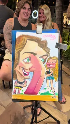 The painting everyone has been waiting for🤩 cute couple I drew last weekend  #caricature #fypシ゚viral #fun #hawaii #humbled #art #waikikibeach #livedrawing 