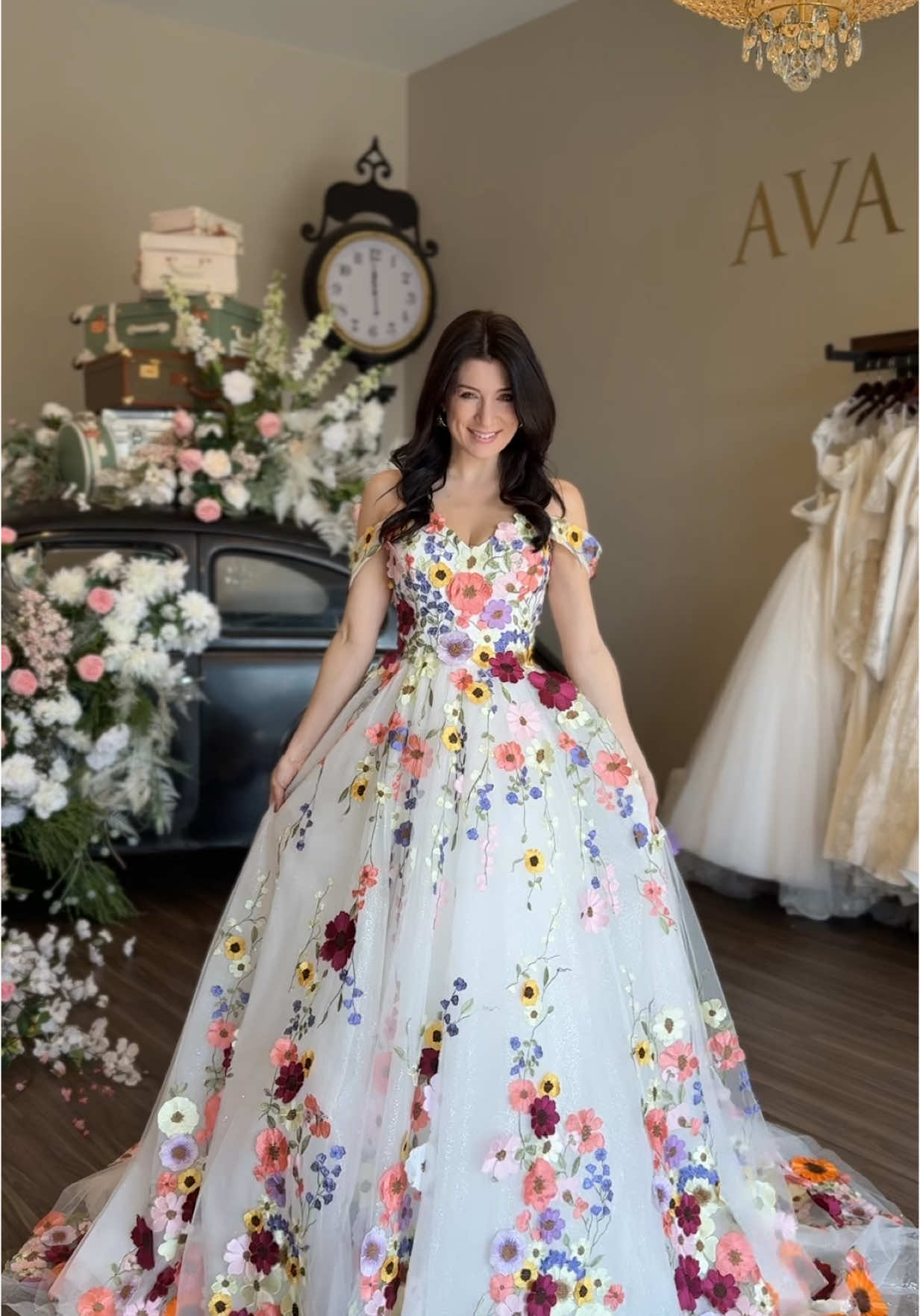 “Fawna” is a gorgeous colorful ballgown that gives all the ethereal feels 🌸 What do you love most? #colorfulgown #weddinggown #bridalshop #bridal #weddingtiktok #bridal 