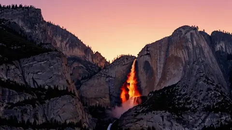 Yosemite’s Firefall is a rare natural illusion! For a few days in February, the setting sun lights up Horsetail Fall, making it glow like lava. Clear skies, flowing water, and the perfect sun angle create this fiery spectacle. Catch it mid-to-late Feb at sunset! #Yosemite #Firefall #NatureMagic #horsetailfalls #fire #waterfall #nature #explorecalifornia 